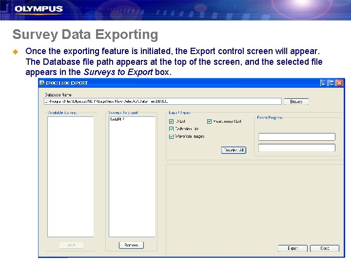 Survey Data Exporting u Once the exporting feature is initiated, the Export control screen