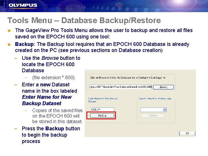 Tools Menu – Database Backup/Restore u u The Gage. View Pro Tools Menu allows Tools Menu – Database Backup/Restore u u The Gage. View Pro Tools Menu allows
