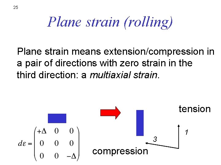 25 Plane strain (rolling) Plane strain means extension/compression in a pair of directions with