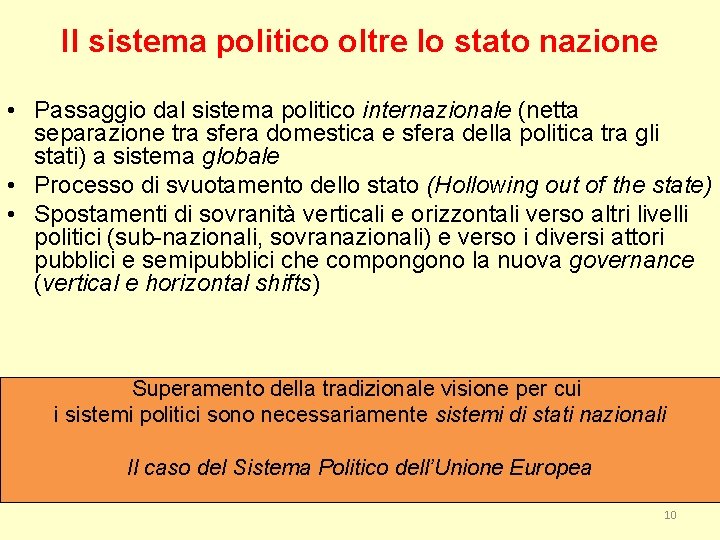 Il sistema politico oltre lo stato nazione • Passaggio dal sistema politico internazionale (netta