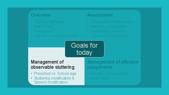 Overview Assessment • • Defining stuttering Basic Facts Risk factors Causes – research update