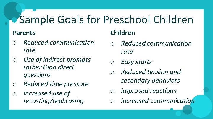 Sample Goals for Preschool Children Parents o Reduced communication rate o Use of indirect