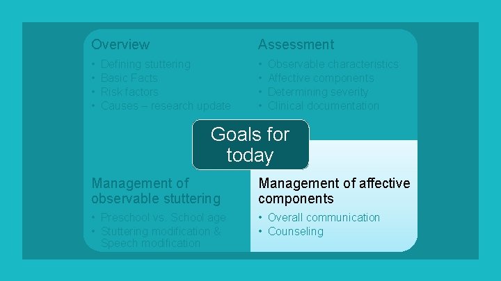 Overview Assessment • • Defining stuttering Basic Facts Risk factors Causes – research update