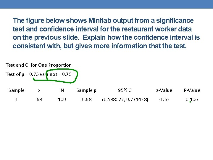 The figure below shows Minitab output from a significance test and confidence interval for