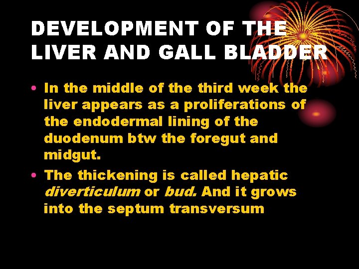 DEVELOPMENT OF THE LIVER AND GALL BLADDER • In the middle of the third