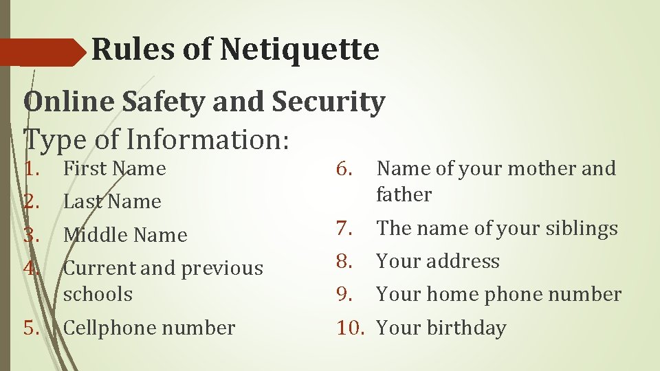 Rules of Netiquette Online Safety and Security Type of Information: 1. 2. 3. 4.