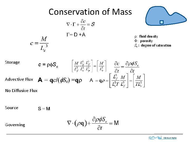 Conservation of Mass r: fluid density F: porosity Se : degree of saturation Storage