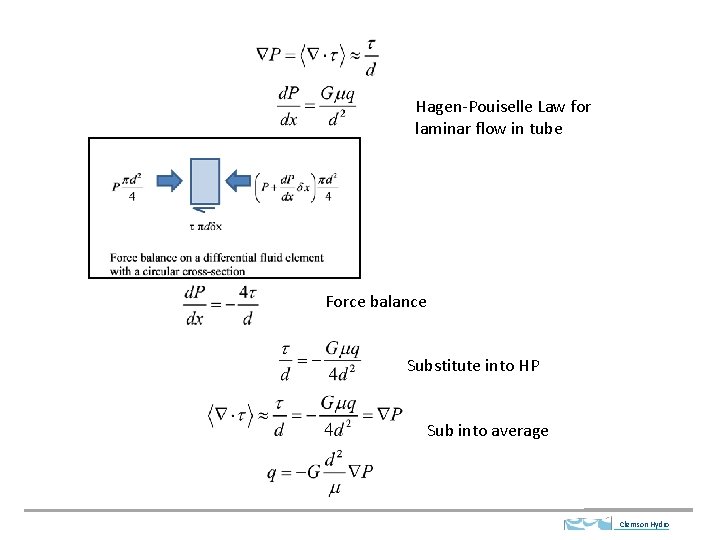 Hagen-Pouiselle Law for laminar flow in tube Force balance Substitute into HP Sub into