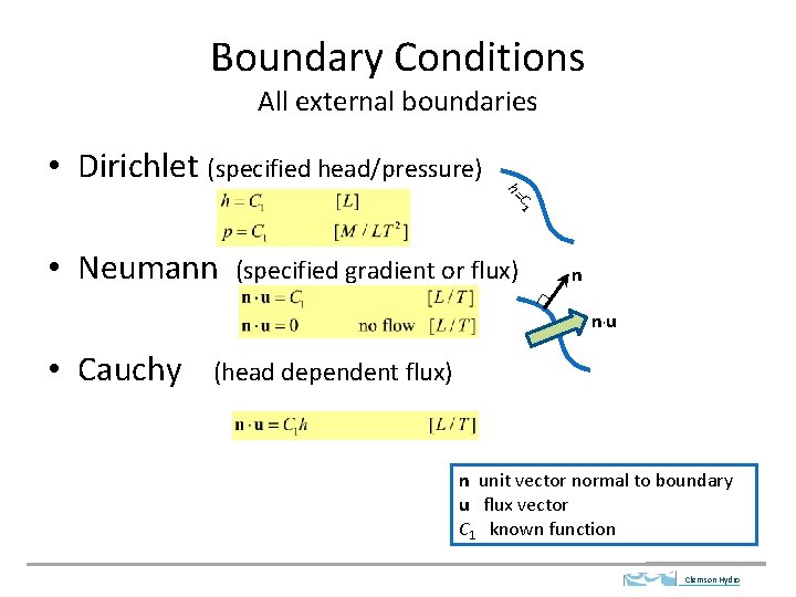 Boundary Conditions All external boundaries • Dirichlet (specified head/pressure) h= C 1 • Neumann