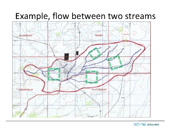 Example, flow between two streams What is the hydraulic head and flow between two