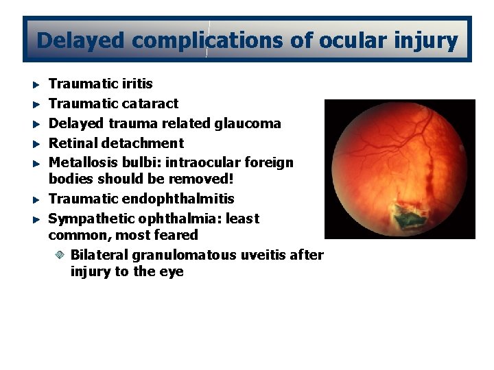 Delayed complications of ocular injury Traumatic iritis Traumatic cataract Delayed trauma related glaucoma Retinal