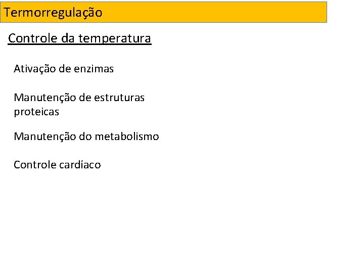 Termorregulação Controle da temperatura Ativação de enzimas Manutenção de estruturas proteicas Manutenção do metabolismo