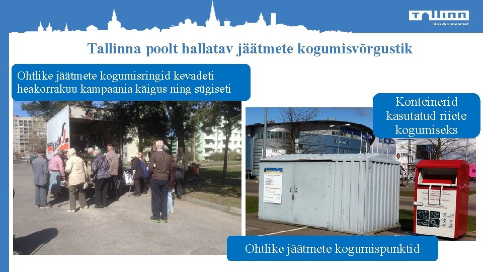 Tallinna poolt hallatav jäätmete kogumisvõrgustik Ohtlike jäätmete kogumisringid kevadeti heakorrakuu kampaania käigus ning sügiseti