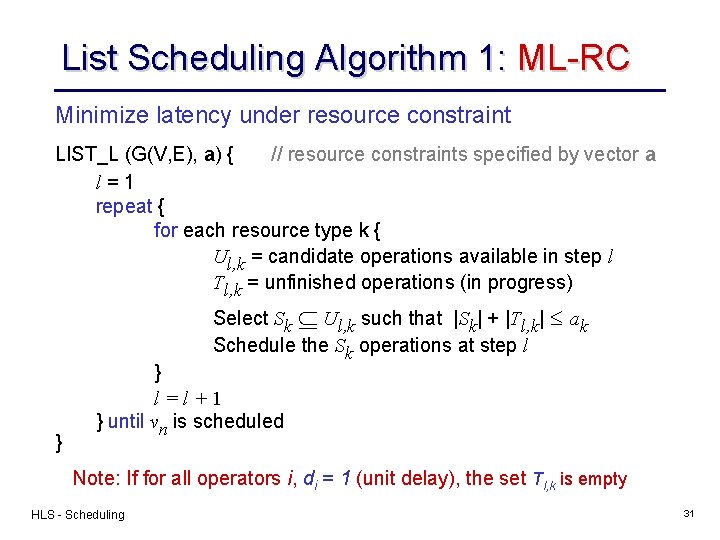 List Scheduling Algorithm 1: ML-RC Minimize latency under resource constraint LIST_L (G(V, E), a)