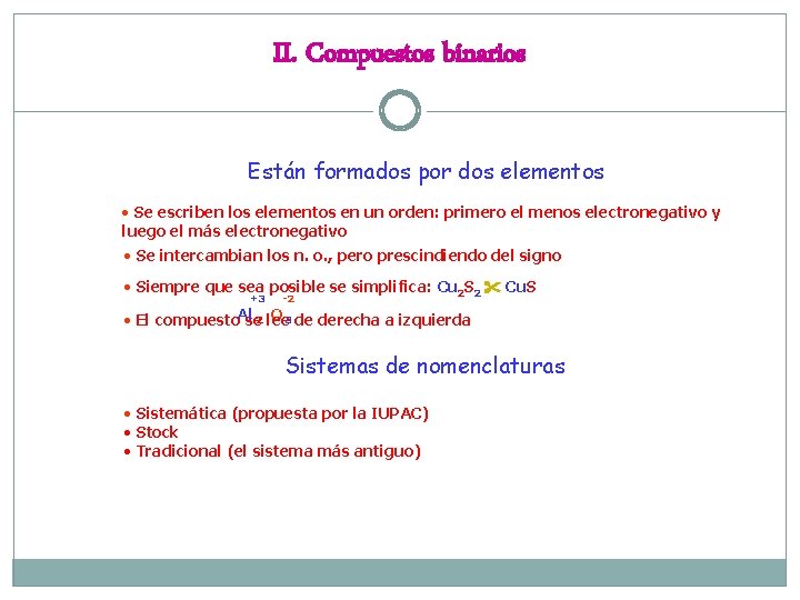 II. Compuestos binarios Están formados por dos elementos • Se escriben los elementos en