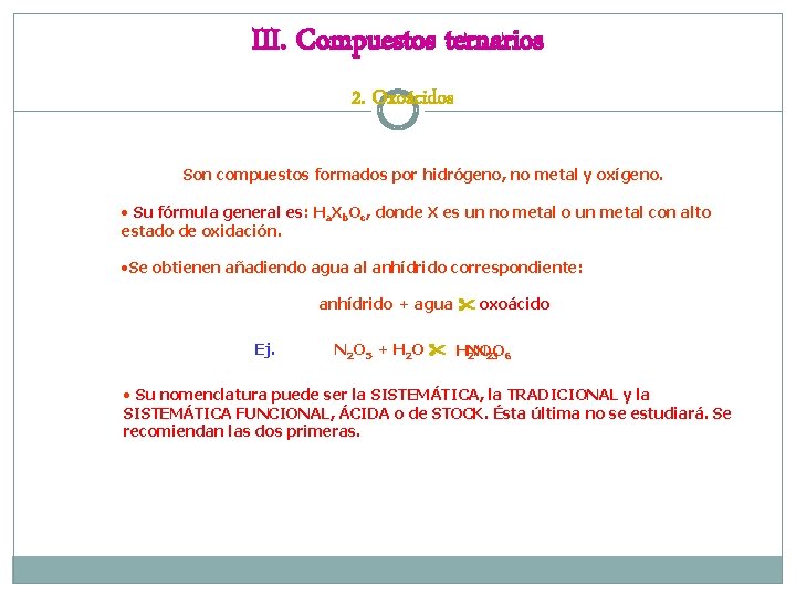 III. Compuestos ternarios 2. Oxoácidos Son compuestos formados por hidrógeno, no metal y oxígeno.