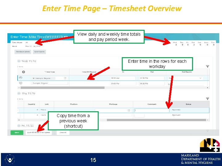 Enter Time Page – Timesheet Overview View daily and weekly time totals and pay