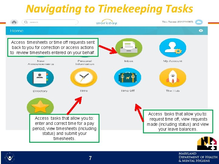 Navigating to Timekeeping Tasks • xxx Access timesheets or time off requests sent back