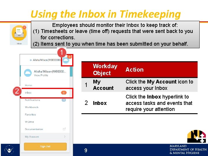 Using the Inbox in Timekeeping Employees should monitor their Inbox to keep track of: