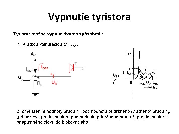 Vypnutie tyristora Tyristor možno vypnúť dvoma spôsobmi : 1. Krátkou komutáciou UAK, IAK 2.