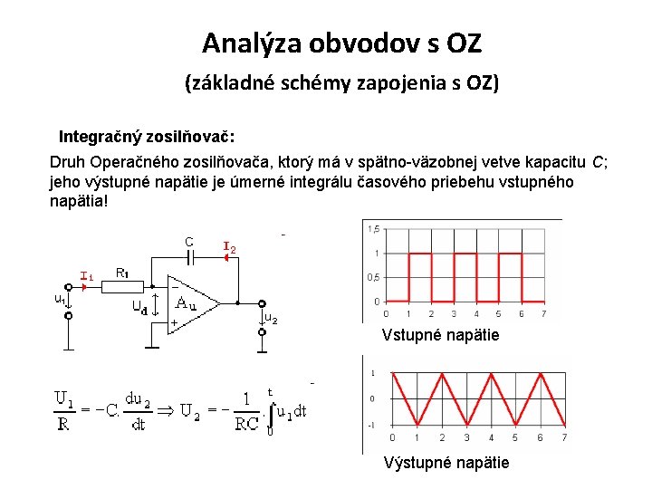 Analýza obvodov s OZ (základné schémy zapojenia s OZ) Integračný zosilňovač: Druh Operačného zosilňovača,