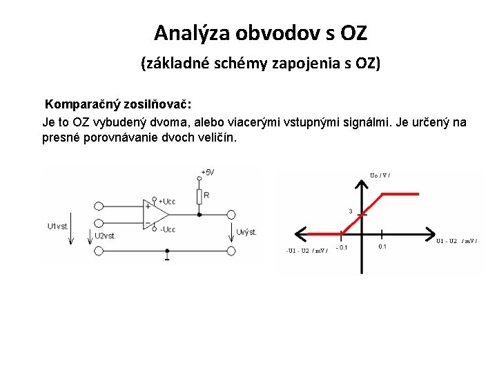 Analýza obvodov s OZ (základné schémy zapojenia s OZ) Komparačný zosilňovač: Je to OZ