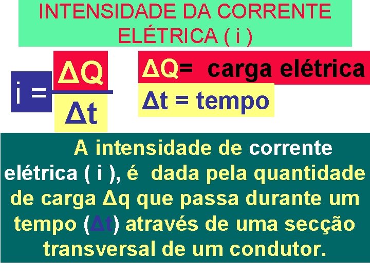 INTENSIDADE DA CORRENTE ELÉTRICA ( i ) ΔQ i = Δt ΔQ= carga elétrica