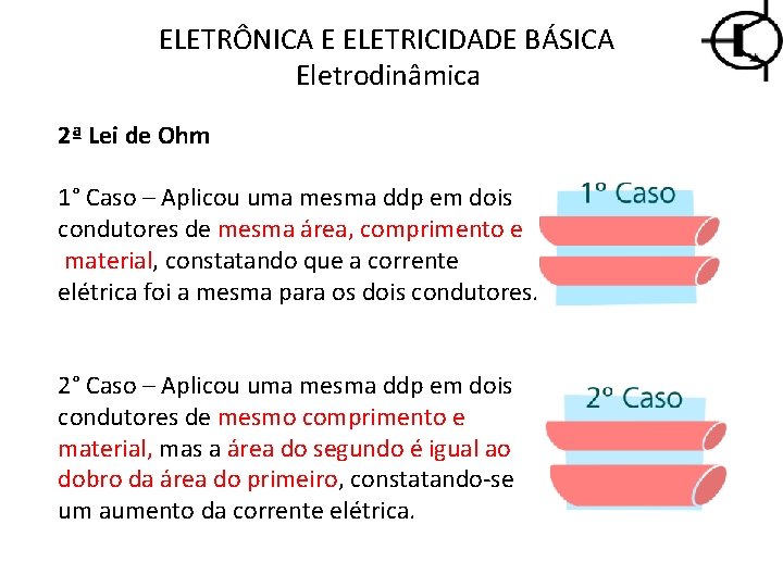 ELETRÔNICA E ELETRICIDADE BÁSICA Eletrodinâmica 2ª Lei de Ohm 1° Caso – Aplicou uma