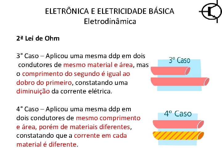 ELETRÔNICA E ELETRICIDADE BÁSICA Eletrodinâmica 2ª Lei de Ohm 3° Caso – Aplicou uma