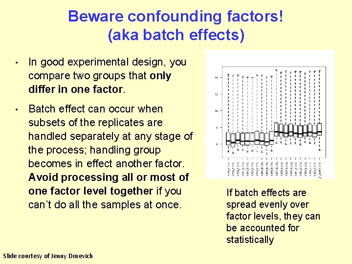 Beware confounding factors! (aka batch effects) • In good experimental design, you compare two