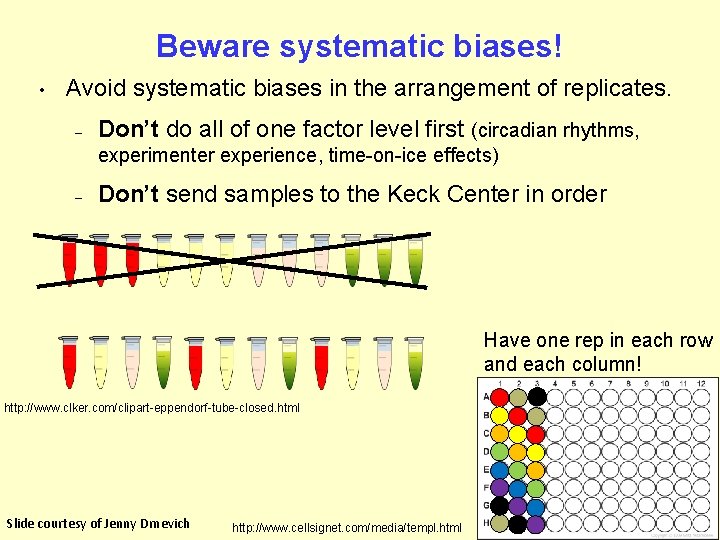 Beware systematic biases! • Avoid systematic biases in the arrangement of replicates. – Don’t