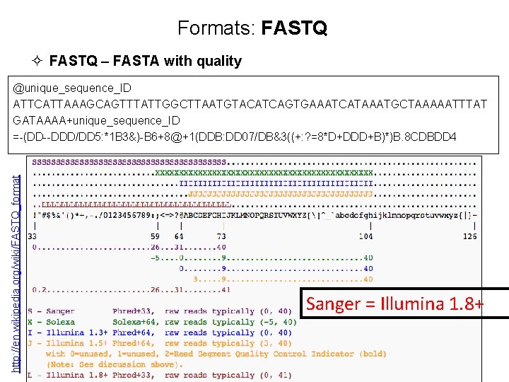 Formats: FASTQ ² FASTQ – FASTA with quality http: //en. wikipedia. org/wiki/FASTQ_format @unique_sequence_ID ATTCATTAAAGCAGTTTATTGGCTTAATGTACATCAGTGAAATCATAAATGCTAAAAATTTAT