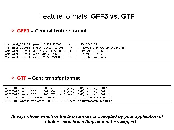 Feature formats: GFF 3 vs. GTF ² GFF 3 – General feature format Chr