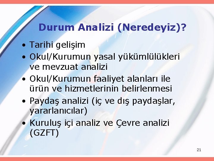 Durum Analizi (Neredeyiz)? • Tarihi gelişim • Okul/Kurumun yasal yükümlülükleri ve mevzuat analizi •