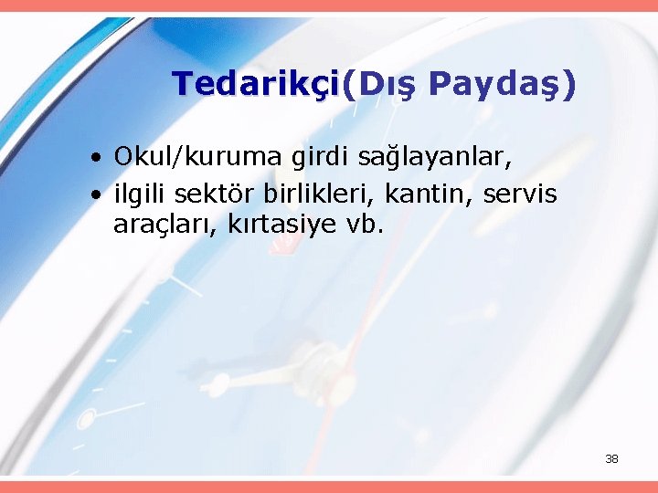 Tedarikçi(Dış Paydaş) Tedarikçi • Okul/kuruma girdi sağlayanlar, • ilgili sektör birlikleri, kantin, servis araçları,