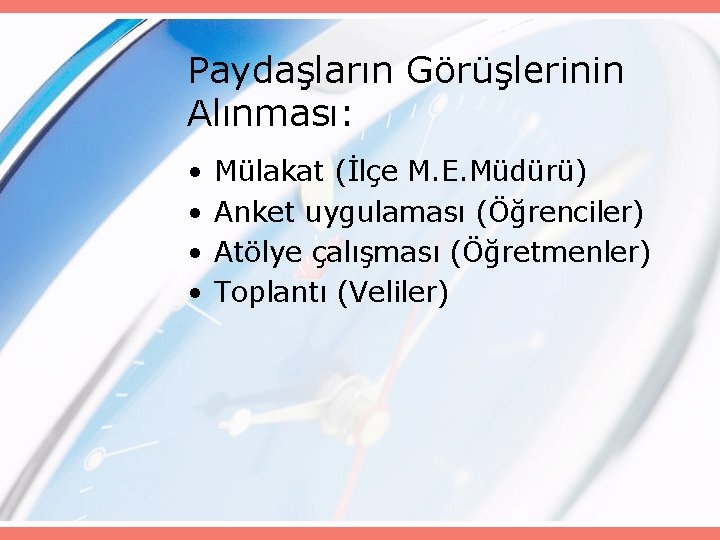 Paydaşların Görüşlerinin Alınması: • • Mülakat (İlçe M. E. Müdürü) Anket uygulaması (Öğrenciler) Atölye