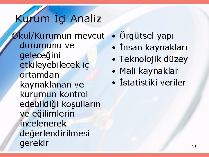 Kurum İçi Analiz Okul/Kurumun mevcut durumunu ve geleceğini etkileyebilecek iç ortamdan kaynaklanan ve kurumun