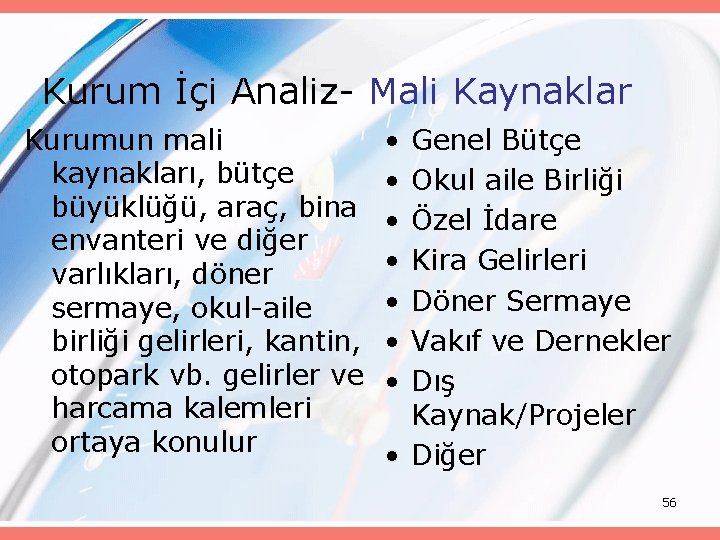 Kurum İçi Analiz- Mali Kaynaklar Kurumun mali kaynakları, bütçe büyüklüğü, araç, bina envanteri ve