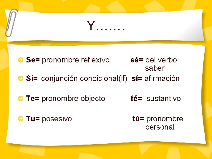 Y……. Se= pronombre reflexivo sé= del verbo saber Si= conjunción condicional(if) sí= afirmación Te=