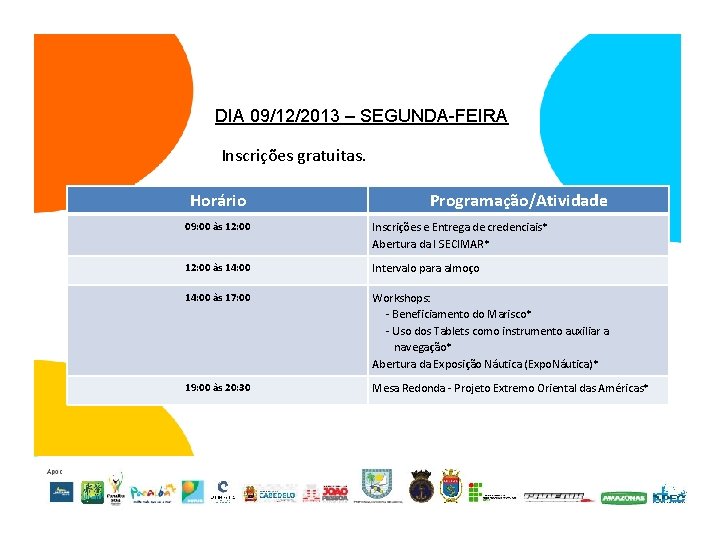 DIA 09/12/2013 – SEGUNDA-FEIRA Inscrições gratuitas. Horário Programação/Atividade 09: 00 às 12: 00 Inscrições