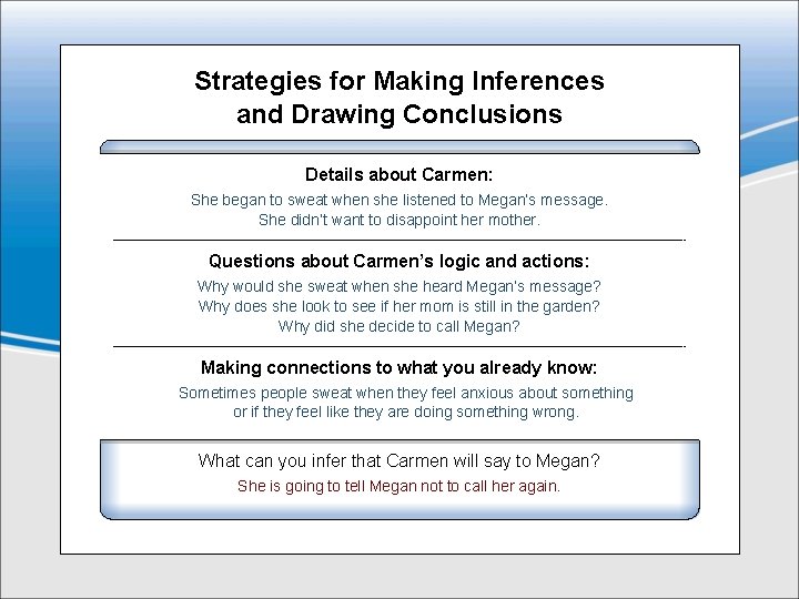 Strategies for Making Inferences and Drawing Conclusions Details about Carmen: She began to sweat