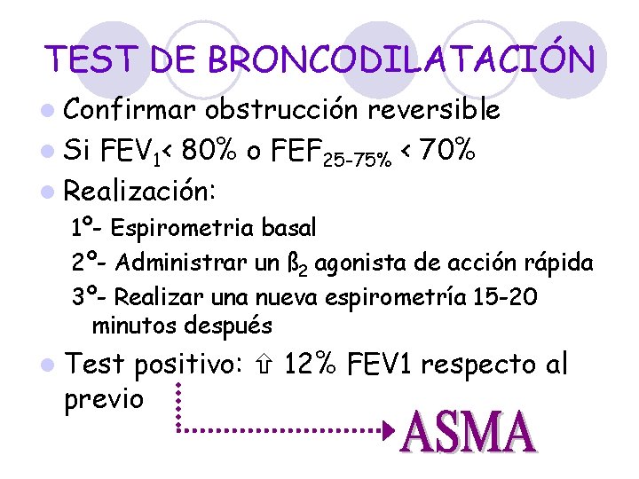 TEST DE BRONCODILATACIÓN l Confirmar obstrucción reversible l Si FEV 1< 80% o FEF