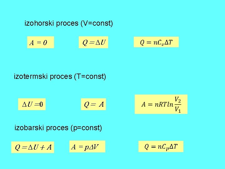 izohorski proces (V=const) A = 0 Q = U izotermski proces (T=const) U =0 izohorski proces (V=const) A = 0 Q = U izotermski proces (T=const) U =0