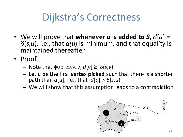 Dijkstra’s Correctness • We will prove that whenever u is added to S, d[u]