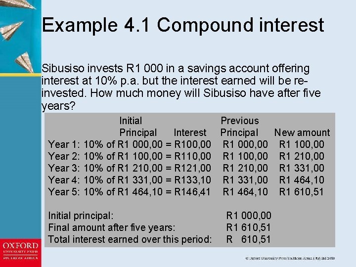 Example 4. 1 Compound interest Sibusiso invests R 1 000 in a savings account