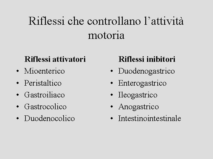 Riflessi che controllano l’attività motoria • • • Riflessi attivatori Mioenterico Peristaltico Gastroiliaco Gastrocolico