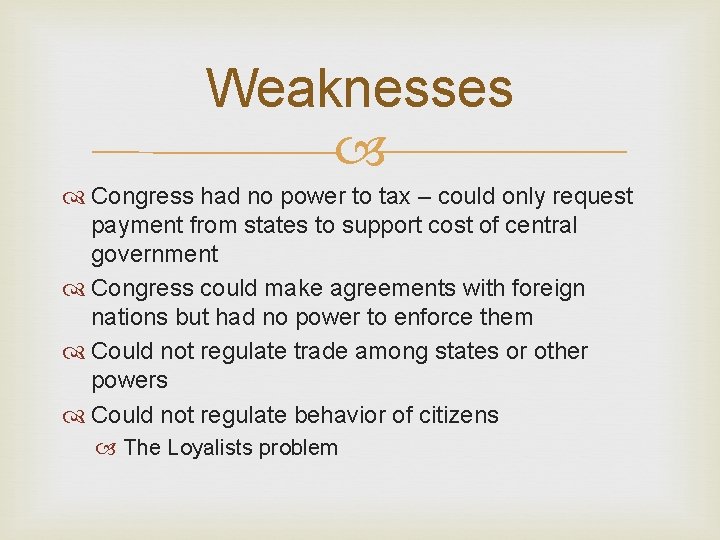 Weaknesses Congress had no power to tax – could only request payment from states