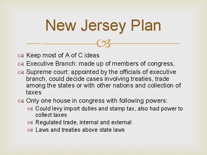 New Jersey Plan Keep most of A of C ideas Executive Branch: made up