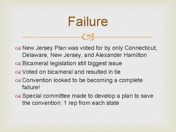 Failure New Jersey Plan was voted for by only Connecticut, Delaware, New Jersey, and