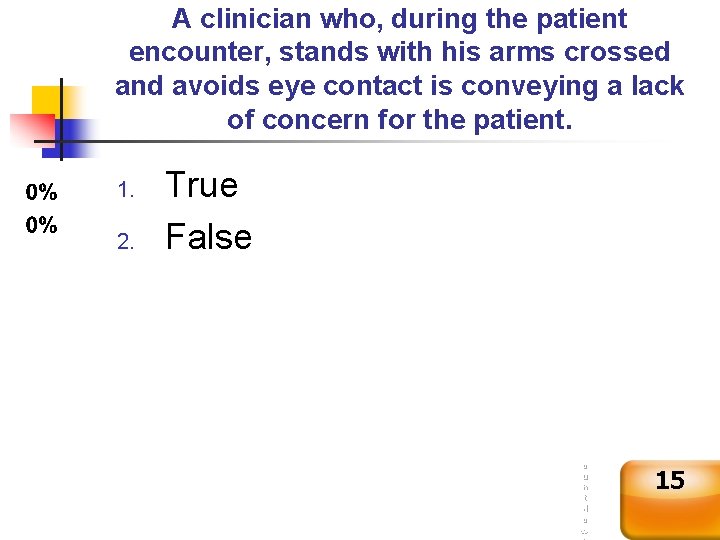 A clinician who, during the patient encounter, stands with his arms crossed and avoids